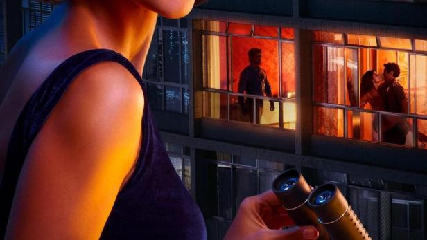 Eine Frau mit einem Fernglas vor einem Gebäude, das im Titel „Olhar Indiscreto“ eine Netflix-Serie bewirbt.