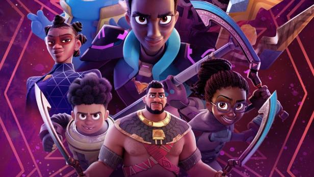 Das Poster für „My Dad the Bounty Hunter“ zeigt eine Gruppe animierter Charaktere vor einem violetten Hintergrund.