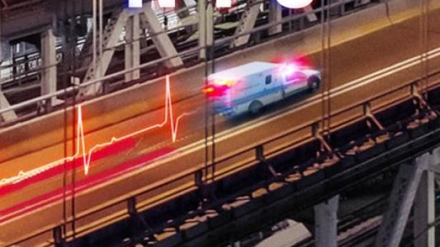 Ein Krankenwagen fährt nachts über eine Brücke in New York City.