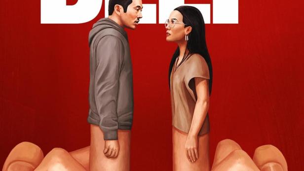 Das Poster für die Fernsehserie „Beef“ zeigt zwei Menschen, die sich auf Zeigefingern gegenüberstehen.