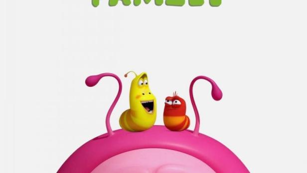 Gelbe und rote Larven sitzen auf dem Kopf einer rosa Figur unter dem Schriftzug „Larva Family“.