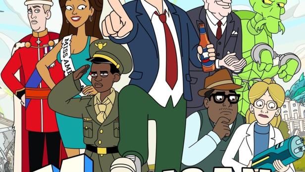 Das animierte Gruppenbild der Charaktere aus der Serie „Mulligan“ vor dem beschädigten Washington Monument.