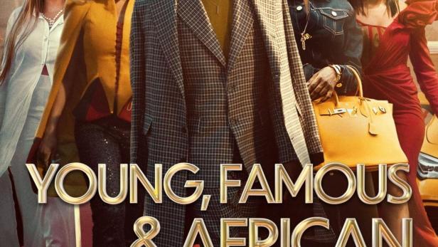 Das Poster für „Young, Famous & African“ zeigt fünf stilvoll gekleidete Personen vor einem Privatjet.