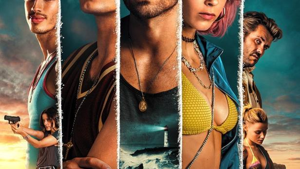 Das Filmplakat für „Rabo de Peixe“ zeigt eine Gruppe junger Erwachsener vor einer Küstenlandschaft.