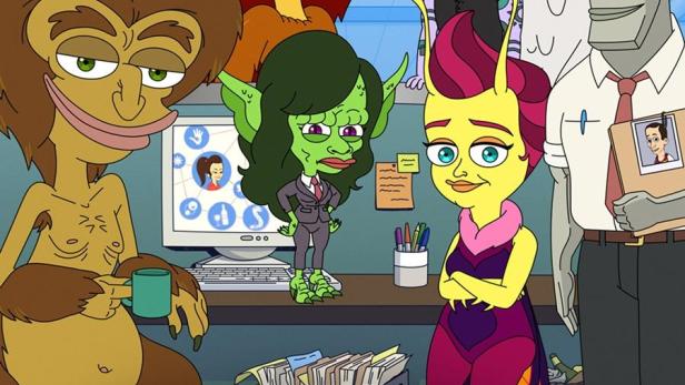 Verschiedene Charaktere aus der Zeichentrickserie „Human Resources“ stehen zusammen.