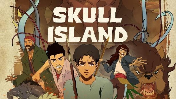 Das animierte Poster für „Skull Island“ zeigt Menschen und Monster vor einem riesigen Affen.