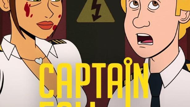 Das animierte Titelbild von „Captain Fall“ zeigt eine verletzte Frau und einen besorgten Kapitän.