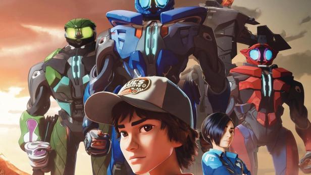 Das Poster für „Mech Cadets“ zeigt Kadetten und ihre Mech-Anzüge vor einer Wüstenlandschaft.
