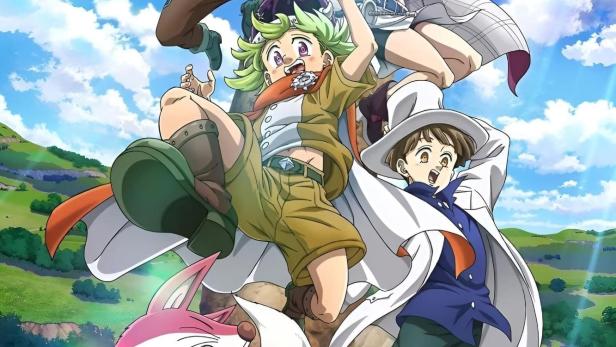 Das animierte Gruppenbild der „The Seven Deadly Sins: Four Knights of the Apocalypse“-Charaktere vor einem Felsen.