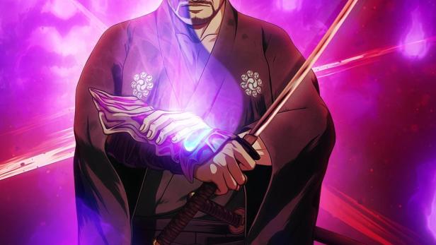 Ein Samurai mit einem Schwert in der Hand, umgeben von violetter Energie.