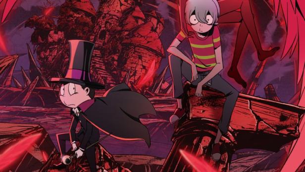 Ein Junge mit Zylinder und ein anderer Junge mit einem geflügelten Dämon im Hintergrund.