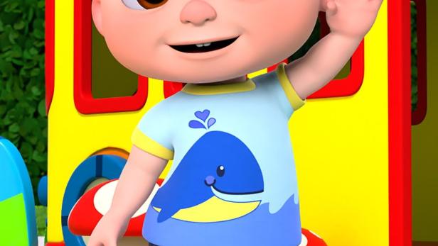 Ein animiertes Baby mit einem Wal-T-Shirt winkt vor einem Spielhaus.