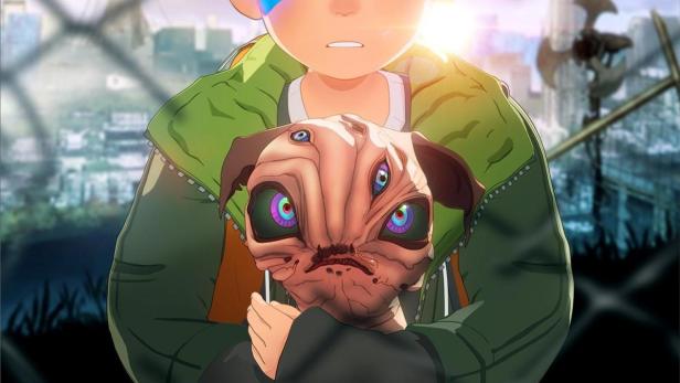 Ein Junge hält ein mehräugiges Wesen im Arm, möglicherweise ein Filmplakat für „My Daemon“.