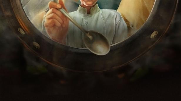 Drei Köche blicken durch eine runde Öffnung, eine hält einen Löffel in der Hand.