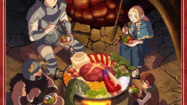 Eine Gruppe von Abenteurern isst gemeinsam eine Mahlzeit, die über einem Lagerfeuer zubereitet wird.