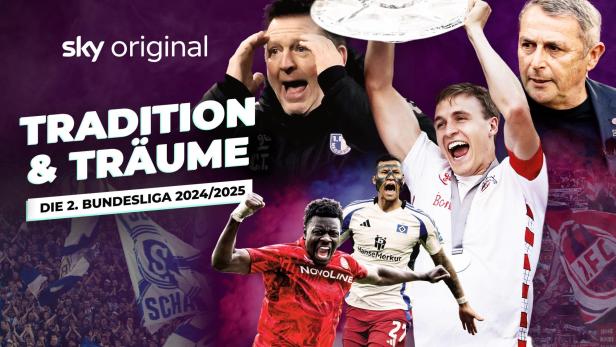 Werbebild für die 2. Bundesliga Saison 2024/2025 mit jubelnden Fußballspielern.