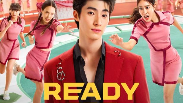 Das Werbeplakat für die Netflix-Serie „Ready Set Love“ zeigt einen jungen Mann und mehrere Frauen in rosa Sportkleidung.