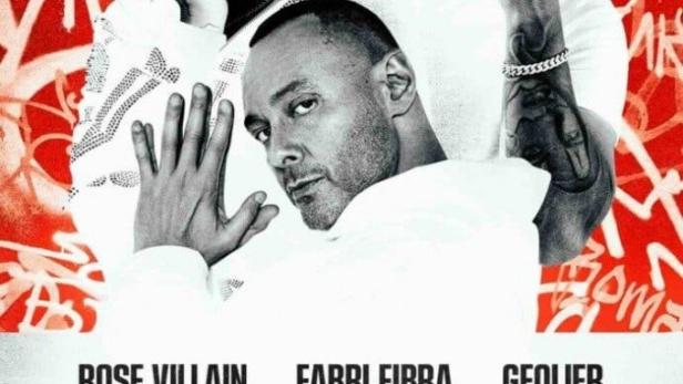 Das Keyart für „Nuova Scena“ mit Rose Villain, Fabri Fibra und Geolier, einer Rap-Show auf Netflix.