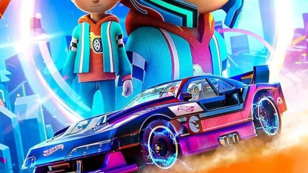 Ein Werbebild für „Hot Wheels Let's Race“ mit zwei animierten Figuren und einem Rennwagen.