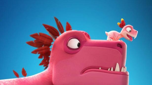 Ein pinkfarbener Cartoon-Dinosaurier mit einem kleineren Dinosaurier auf dem Kopf vor dem Schriftzug „Bad Dinosaurs“.
