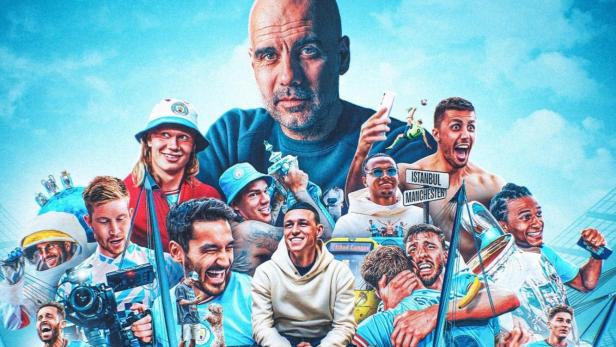 Eine Collage von Spielern und Trainern von Manchester City, die den Gewinn des Triples feiern.