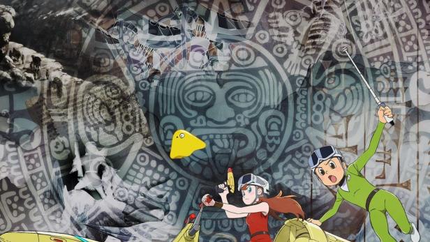 Das Poster für „Time Patrol Bon“ zeigt zwei Figuren auf einem gelben Zeitreisefahrzeug vor einem Maya-Kalender.