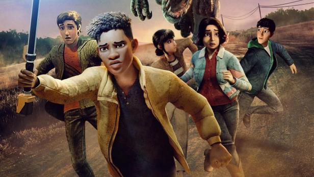 Fünf Jugendliche rennen vor einem Dinosaurier im Hintergrund des Posters für „Jurassic World: Chaos Theory“ davon.