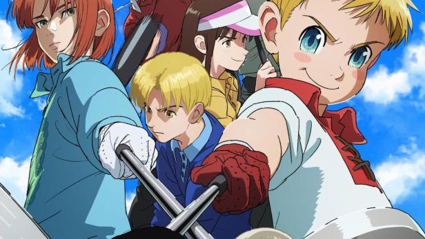 Das animierte Gruppenbild zeigt Charaktere aus „Rising Impact“ mit Golfschlägern vor blauem Himmel.