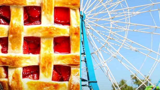 Ein Erdbeerkuchen und ein Riesenrad, Werbung für eine Backmeisterschaft.