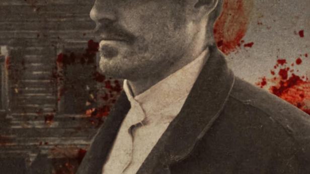 Ein Porträt von Wyatt Earp vor dem Hintergrund des Films „Cowboy War“.