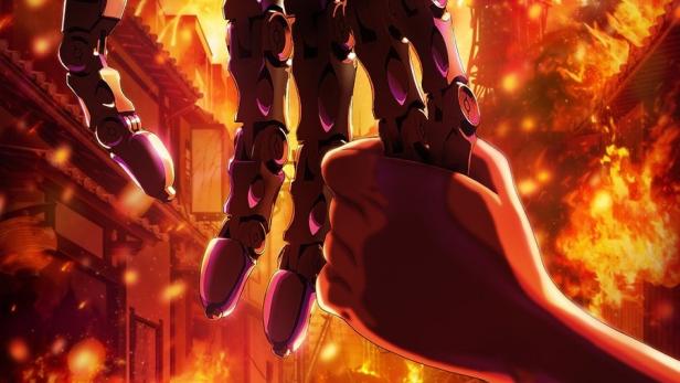 Das Poster für die Netflix-Serie „Terminator Zero“ zeigt eine Roboterhand vor einem brennenden Hintergrund.