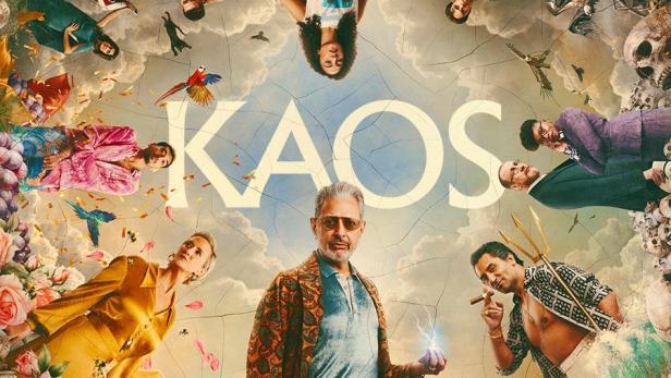 Das Poster für die Netflix-Serie „Kaos“ zeigt Jeff Goldblum und andere Darsteller in einer chaotischen Szene.