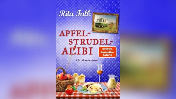 Das Cover des Buches „Apfelstrudel-Alibi“ von Rita Falk mit einem Foto eines Wohnwagens.