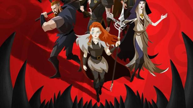Das animierte Poster für „Twilight of the Gods“ zeigt eine Gruppe von Kriegern vor einem roten Hintergrund.