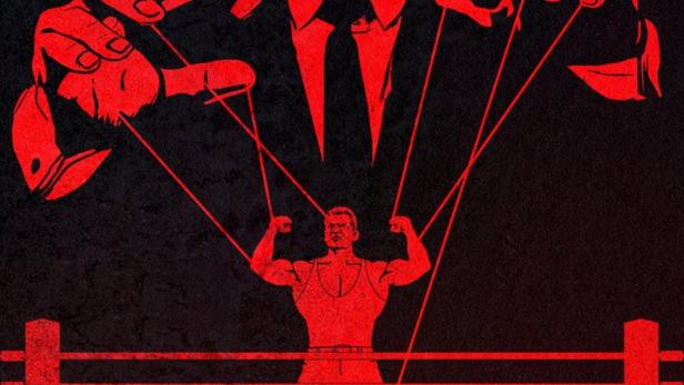Ein Mann, der einen Wrestler wie eine Marionette über einem Boxring steuert, im Stil eines Posters für Mr. McMahon.