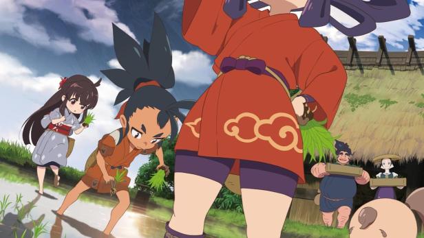Eine Szene aus dem Anime „Sakuna: Of Rice and Ruin“, in der die Hauptfiguren auf einem Reisfeld zu sehen sind.