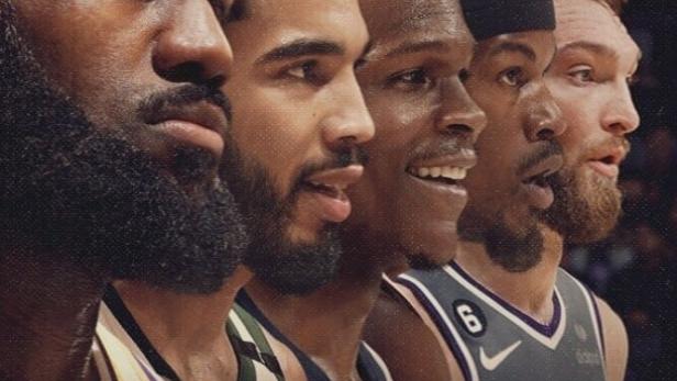 Das Poster der Netflix-Sportserie „Starting 5“ zeigt fünf Basketballspieler im Profil.