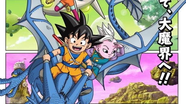 Eine Szene aus „Dragon Ball Daima“ mit Son Goku auf einem blauen Drachen.