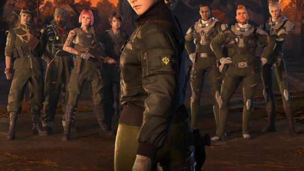 Das Poster für „Gundam: Requiem for Vengeance“ zeigt eine Gruppe von Soldat:innen und einen Kampfroboter.