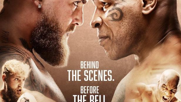 Das Werbeplakat für den Boxkampf „Paul vs. Tyson“ zeigt die Boxer Jake Paul und Mike Tyson.