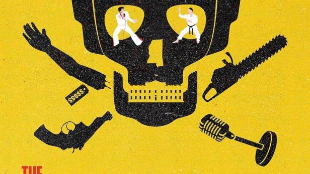 Ein Schädel mit Elvis-Imitatoren, einem Mikrofon, einer Kettensäge und dem Titel „The Kings of Tupelo“.