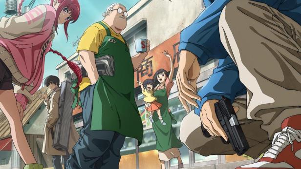 Das Cover von „Sakamoto Days“ zeigt eine belebte Straßenszene mit verschiedenen Charakteren.