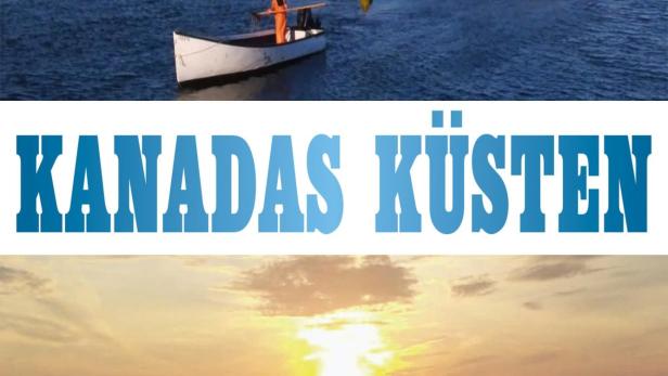 Ein Mann fährt mit einem Boot entlang der Küste Kanadas.