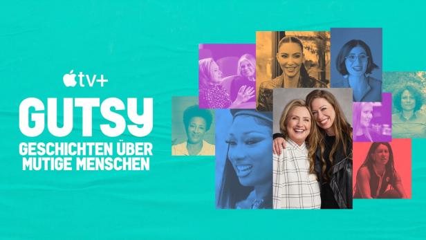 Das Werbeplakat für die Apple TV+ Serie „Gutsy“ mit Hillary und Chelsea Clinton sowie weiteren Frauen.