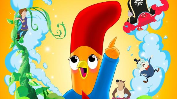 Das Cover des Kinderbuchs „Ein Huhn will’s wissen“ mit einem stilisierten Huhn und Märchenfiguren.