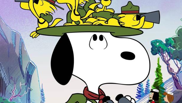 Snoopy im Pfadfinder-Look mit Fernglas, auf dessen Hut sich mehrere Woodstocks mit Feldstechern befinden.