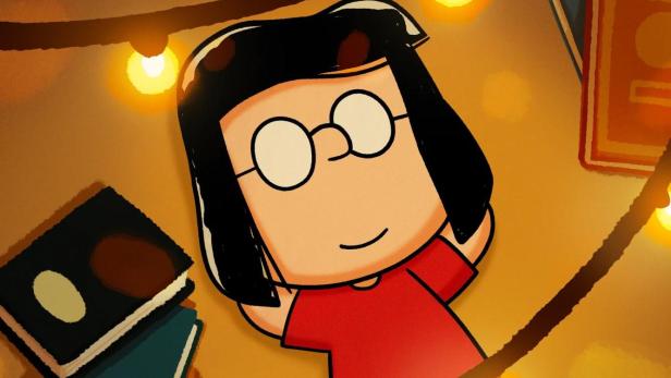 Eine Illustration von Marcie aus der „Peanuts“-Reihe, umgeben von Büchern und Lichtern.