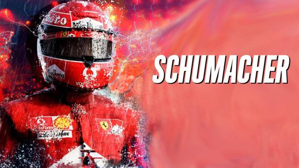Ein Rennfahrer im roten Rennanzug und Helm, im Hintergrund der Name „Schumacher“.