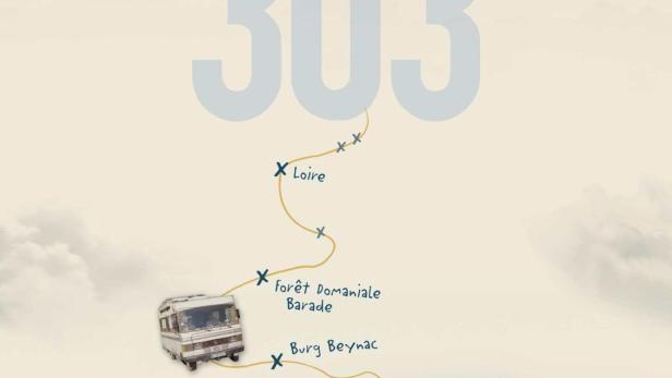 Ein Paar blickt auf eine Berglandschaft, darüber eine Reiseroute von Berlin mit der Zahl 303.