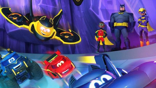 Das Logo von „Batwheels“ mit Batman, Robin, Batgirl und ihren sprechenden Fahrzeugen.
